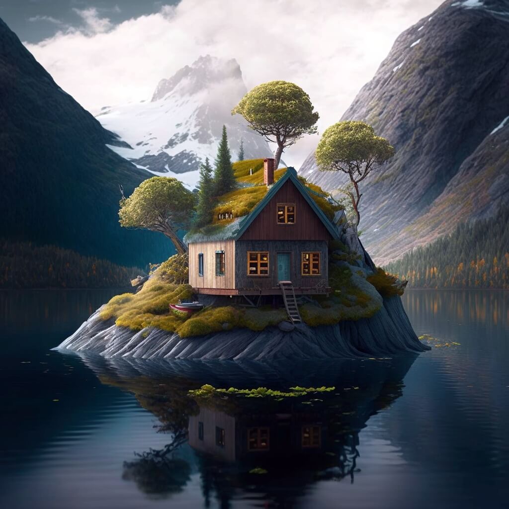 Log house on island in Norwegian fjord